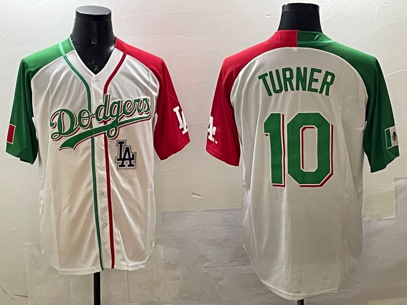 Men Los Angeles Dodgers 10 Turner White Green Game 2025 Nike MLB Jersey style 9